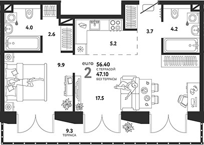 2-комн., 47.1 м², 19/19 этаж, ЖК «Страна.Озерная»