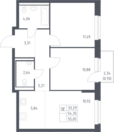 3-комн., 54.35 м², 6/17 этаж, ЖК «Горки Парк»