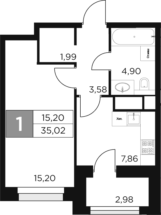 1-комн., 33.53 м², 7/8 этаж, ЖК «Восток 2»