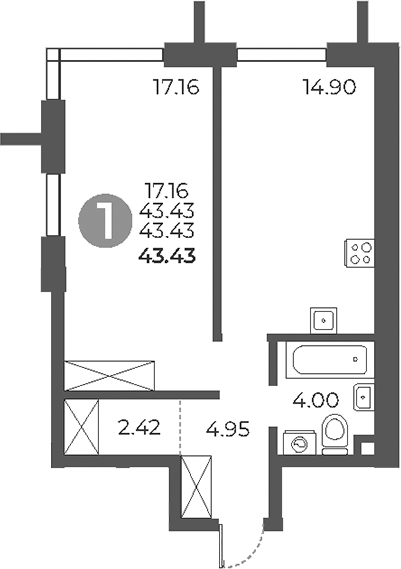 1-комн., 43.43 м², 26/28 этаж, ЖК «Дубровка от Гранель»