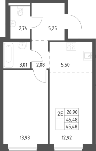 2-комн., 45.48 м², 5/12 этаж, ЖК «Новое Видное»