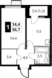 1-комн., 35.4 м², 22/24 этаж, ЖК «1-й Донской»