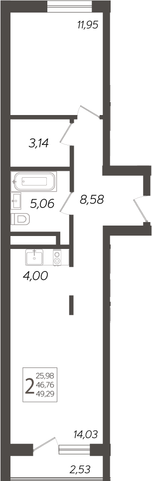 2-комн., 48.17 м², 1/19 этаж, ЖК «Кислород»
