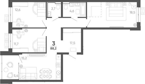 3-комн. квартира, 82.8 м² в ЖК Барса — фото 2