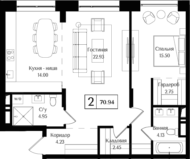 2-комн., 70.94 м², 17/17 этаж, ЖК «Преображенская площадь»
