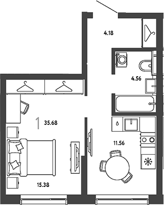 1-комн., 35.68 м², 14/19 этаж, ЖК «Страна.Парковая»