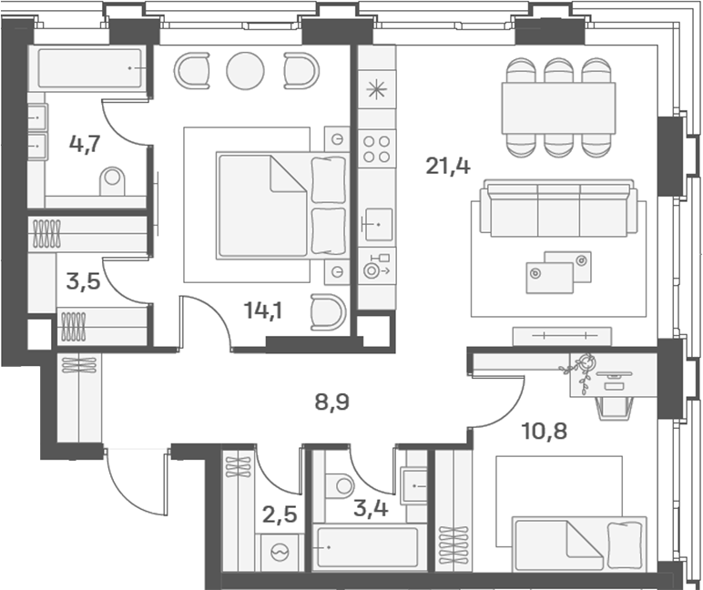 3-комн., 69.3 м², 13/25 этаж, ЖК «Портленд»