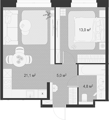 2-комн., 43.9 м², 2/18 этаж, ЖК «Гранд Комфорт»