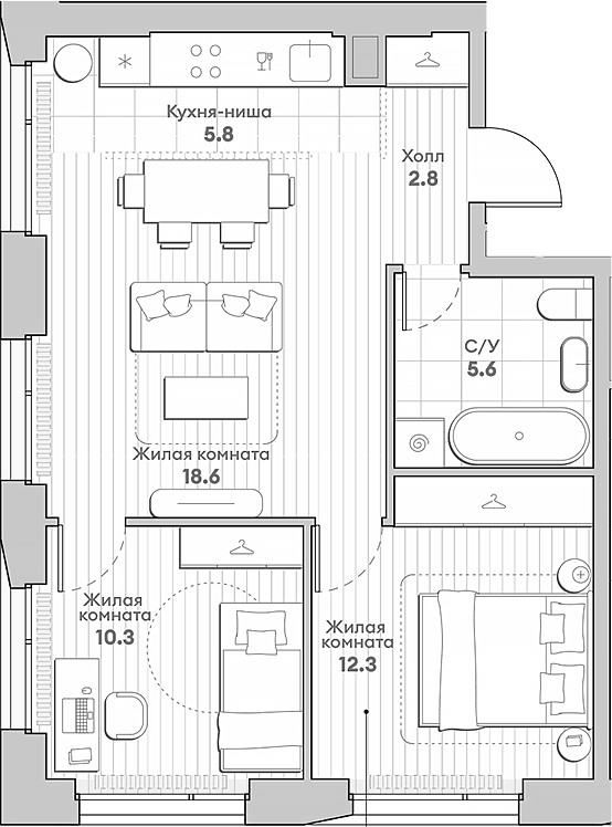 3-комн., 55.4 м², 21/27 этаж, ЖК «НАТИВ»