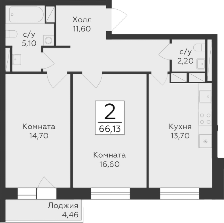 2-комн., 63.9 м², 8/17 этаж, ЖК «Малаховский»