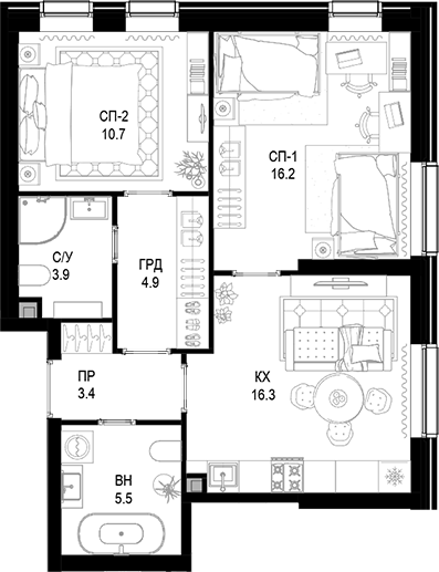 2-комн., 60.9 м², 3/28 этаж, ЖК «Трилогия «Кристалл»»