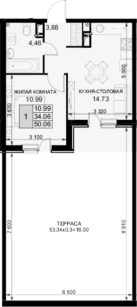 1-комн. квартира, 34.06 м² в ЖК Фонтаны — фото 2