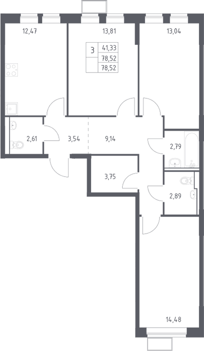 3-комн., 78.52 м², 17/17 этаж, ЖК «Пригород Лесное»