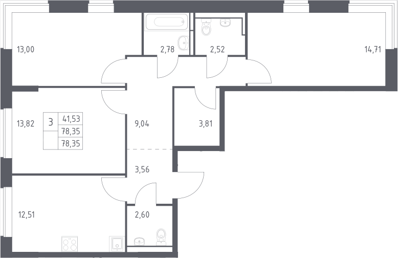 3-комн., 78.35 м², 5/12 этаж, ЖК «Богдановский лес»