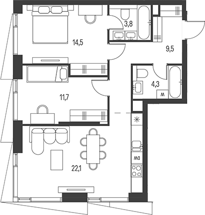 3-комн., 65.9 м², 30/34 этаж, ЖК «Моментс»