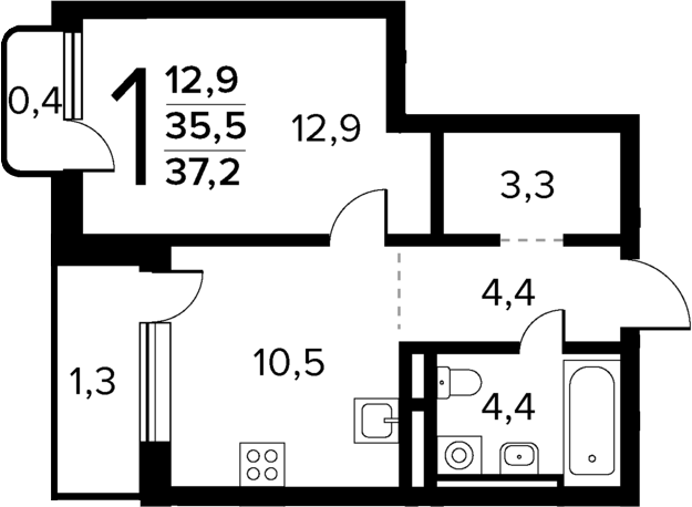2-комн., 35.5 м², 5/14 этаж, ЖК «Новые Ватутинки Квартал у реки»