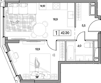2-комн., 42.3 м², 25/26 этаж, ЖК «Дрим Рива»