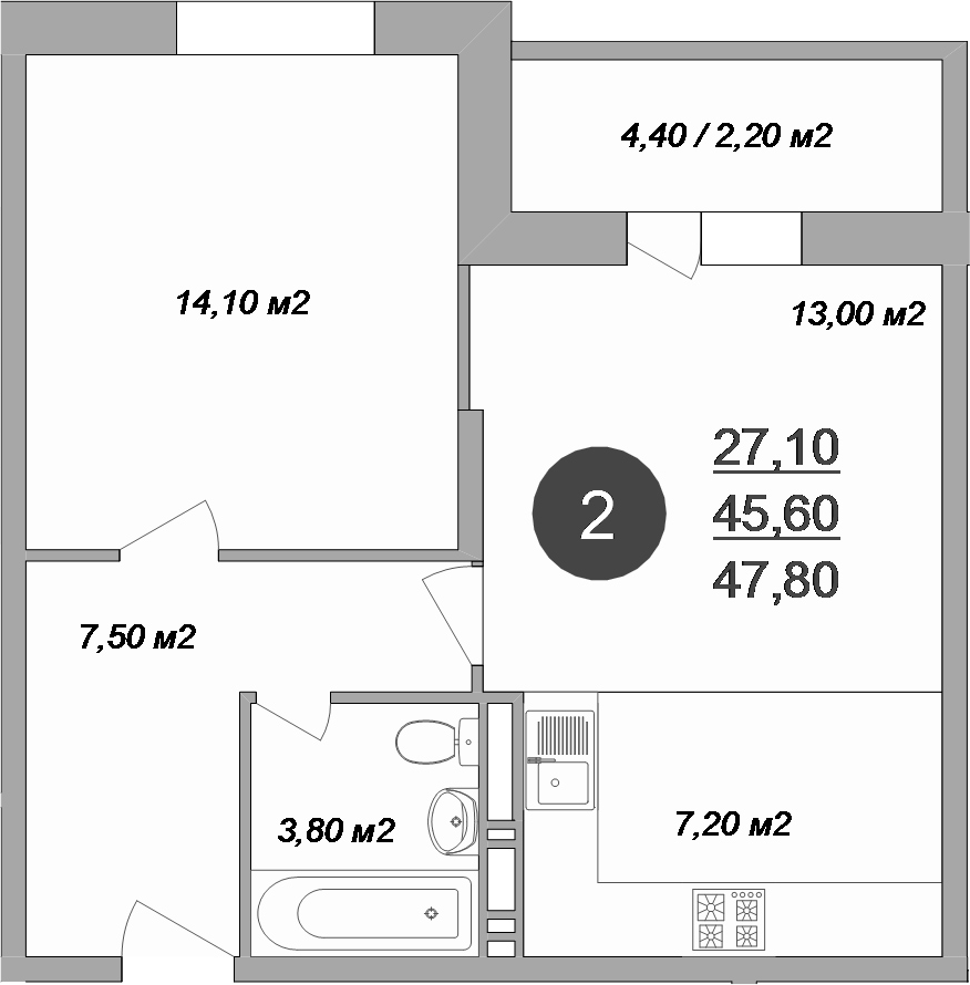 2-комн., 45.6 м², 14/17 этаж, ЖК «Новые Островцы»