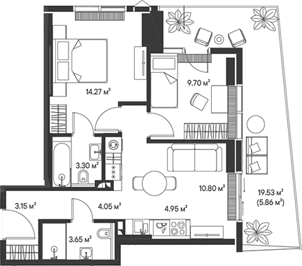 3-комн., 53.8 м², 15/47 этаж, ЖК «Джойс»