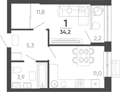 1-комн. квартира, 33.1 м² в ЖК Барса — фото 2