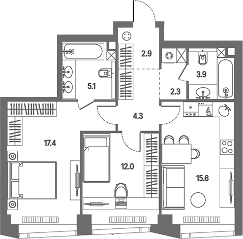 3-комн., 63.5 м², 34/39 этаж, ЖК «КОД Сокольники»