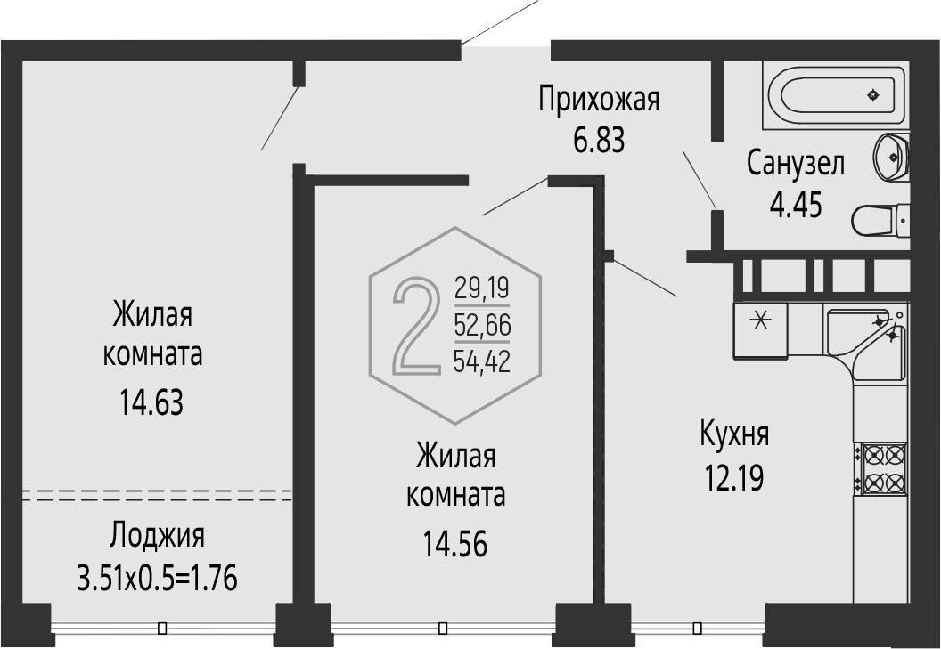 2-комн. квартира, 52.66 м² в ЖК Гарантия PRIME — фото 3