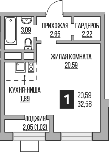 Студия, 30.53 м², 6/16 этаж, ЖК «Гранель Пехра»
