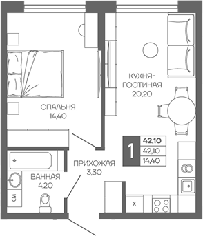1-комн., 42.1 м², 1/9 этаж, ЖК «Иначе в Молодежном»