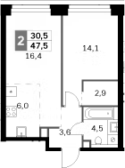 2-комн., 47.5 м², 18/47 этаж, ЖК «Амбер Сити»