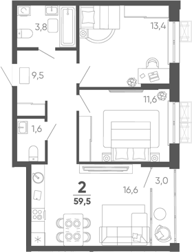 2-комн. квартира, 56.5 м² в ЖК Барса — фото 2