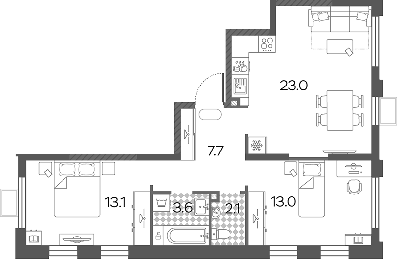3-комн., 62.5 м², 23/24 этаж, ЖК «Лучи»