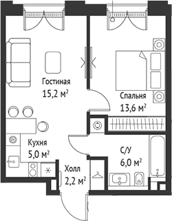 2-комн., 42.1 м², 5/5 этаж, ЖК «СЕТ»