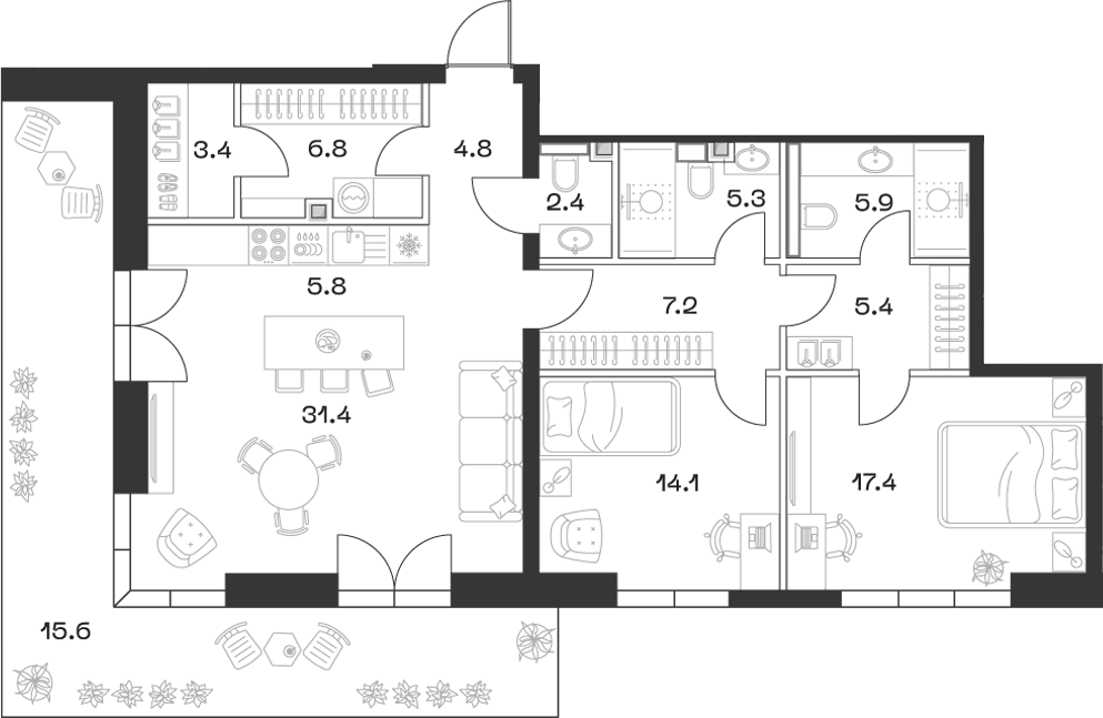 3-комн., 109.9 м², 3/18 этаж, ЖК «SHIFT»