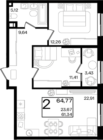 2-комн. квартира, 61.34 м² в ЖК Патрики — фото 2