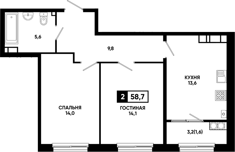 2-комн., 57.1 м², 14/24 этаж, ЖК «Резиденция Софи»