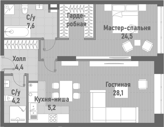 2-комн., 74 м², 2/20 этаж, ЖК «Ренессанс»