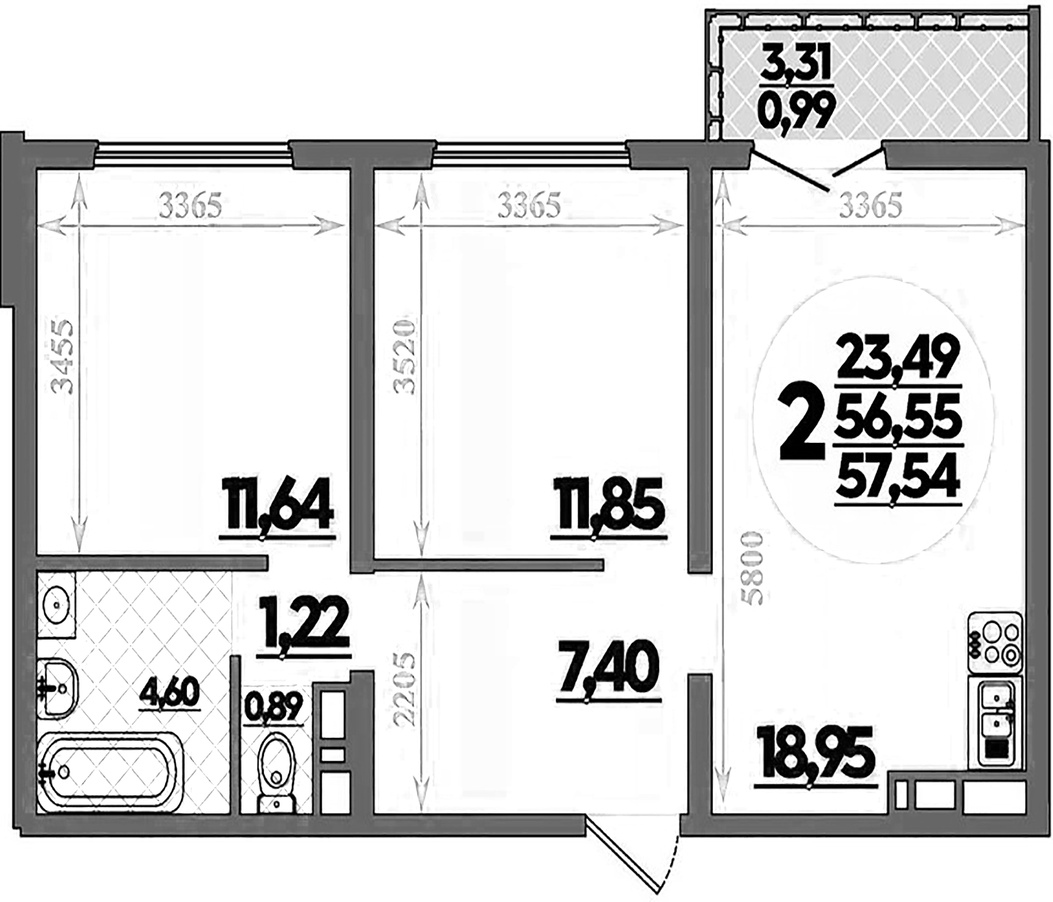 2-комн., 56.55 м², 9/16 этаж, ЖК «Город у моря»