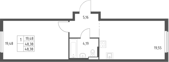 2-комн., 48.38 м², 6/9 этаж, ЖК «Большое Юрлово»