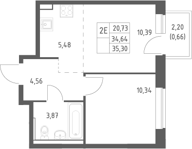 2-комн., 34.64 м², 5/12 этаж, ЖК «Пригород Лесное»