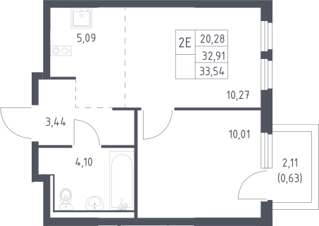 2-комн., 32.87 м², 13/17 этаж, ЖК «Пригород Лесное»
