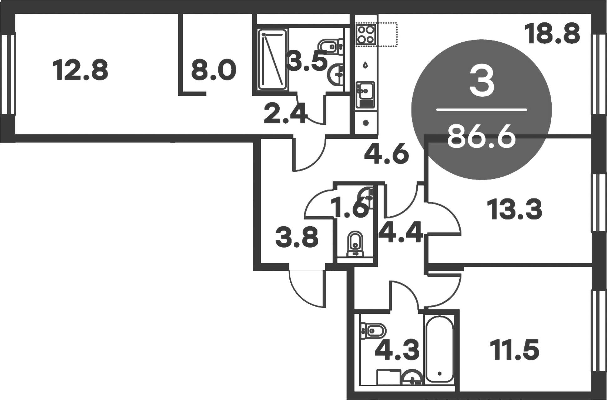 3-комн., 86.6 м², 3/6 этаж, ЖК «Равновесие»
