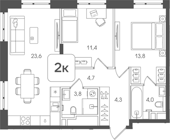 2-комн., 65.6 м², 21/24 этаж, ЖК «Мангазея на Речном»