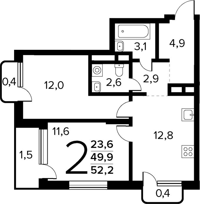 2-комн., 49.9 м², 5/14 этаж, ЖК «Новые Ватутинки Квартал у реки»