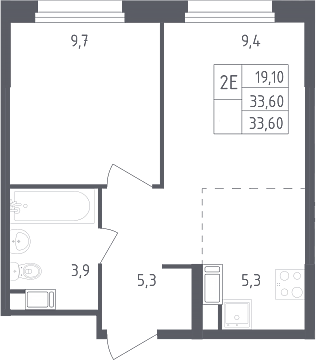 2-комн., 33.6 м², 10/17 этаж, ЖК «Ольховый квартал»