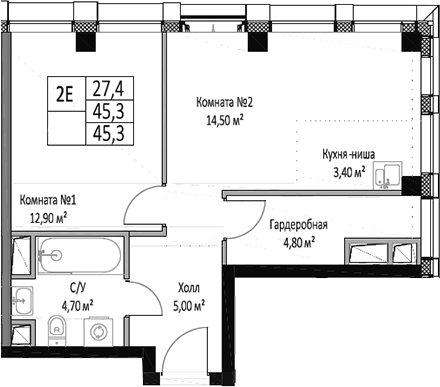 2-комн., 45.3 м², 13/26 этаж, ЖК «ЭМОУШН»