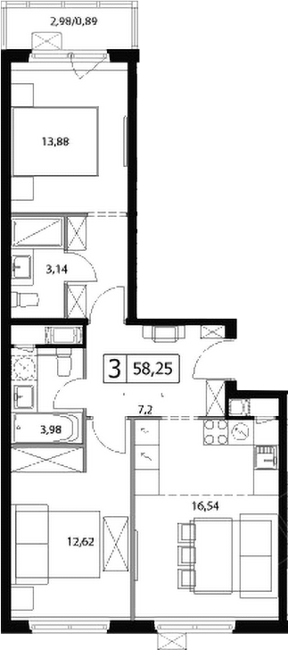 3-комн., 57.36 м², 15/17 этаж, ЖК «У реки.Эко Видное 2.0»