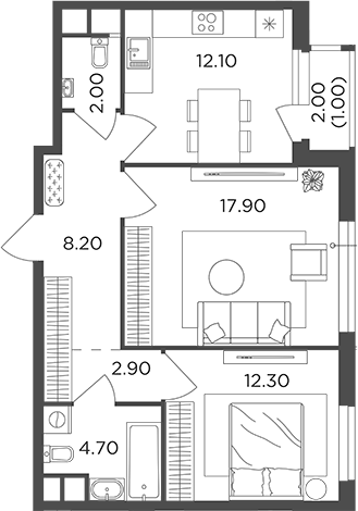 2-комн., 60.1 м², 7/22 этаж, ЖК «Филатов Луг»