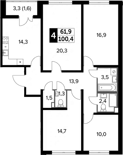 4+ комнаты, 98.8 м², 18/24 этаж, ЖК «Южная Битца»