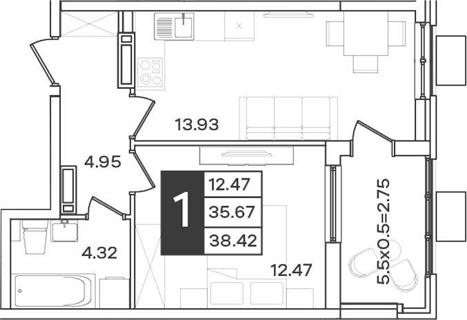1-комн., 35.67 м², 15/18 этаж, ЖК «Сюжеты»