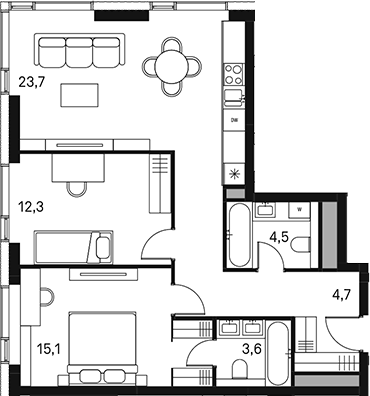 3-комн., 70.3 м², 28/30 этаж, ЖК «Моментс»